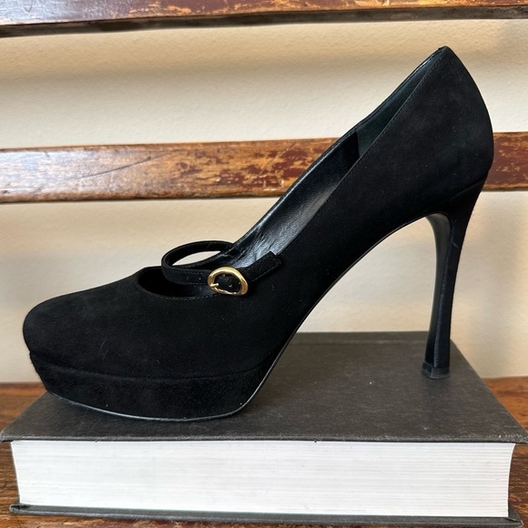YSL Yves Saint Laurent Black Suede Platform Mary Jane Heels Shoes - Picture 2 of 16